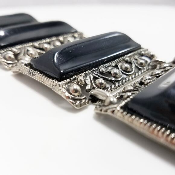 Vintage Selro Style Bracelet, Raised Lucite Black Panels, Chunky Wide - Picture 9 of 10